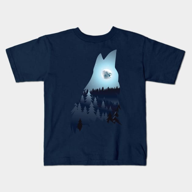 Wolf Howling with Forest blue moon Kids T-Shirt by AnnArtshock